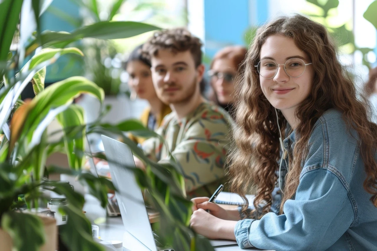 A working woman with her colleagues behind