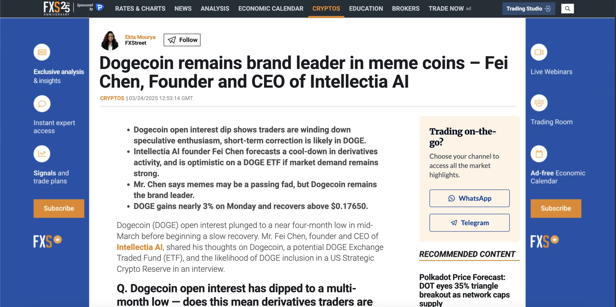 Ekta Mourya Dogecoin remains brand leader in meme coins – Fei Chen, Founder and CEO of Intellectia AI